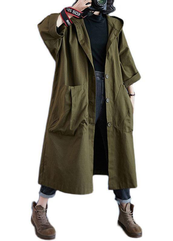 Elegant Army Green Pockets Button Fall Hooded Long sleeve Trench Coats - Omychic