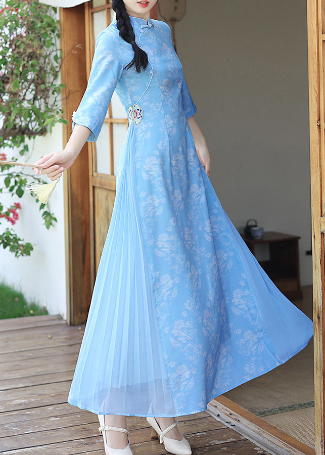 Elegant Baby Blue Stand Collar Button Long Dresses Long Sleeve