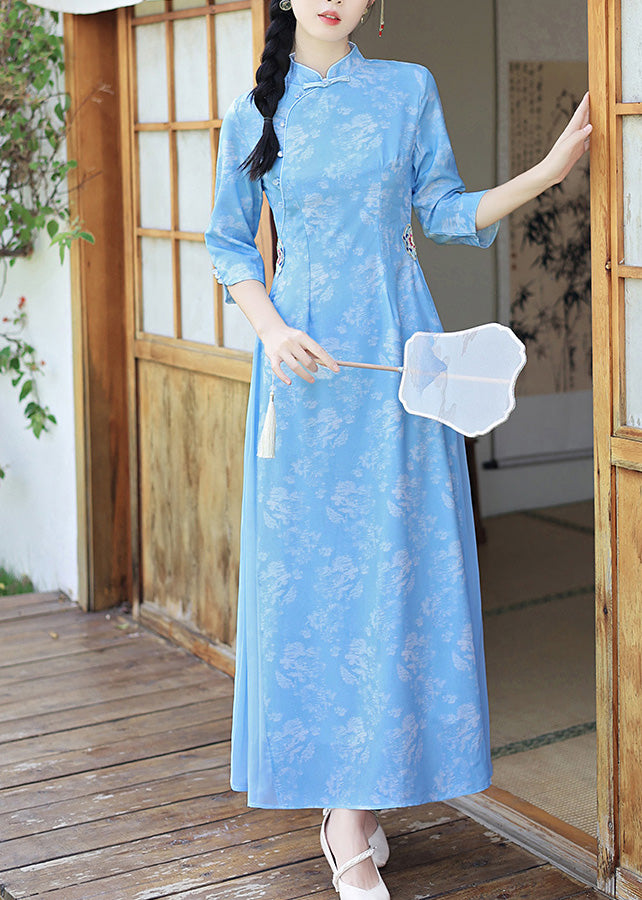Elegant Baby Blue Stand Collar Button Long Dresses Long Sleeve