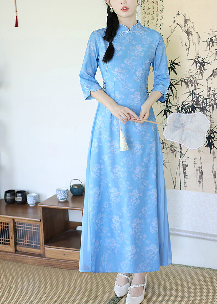 Elegant Baby Blue Stand Collar Button Long Dresses Long Sleeve