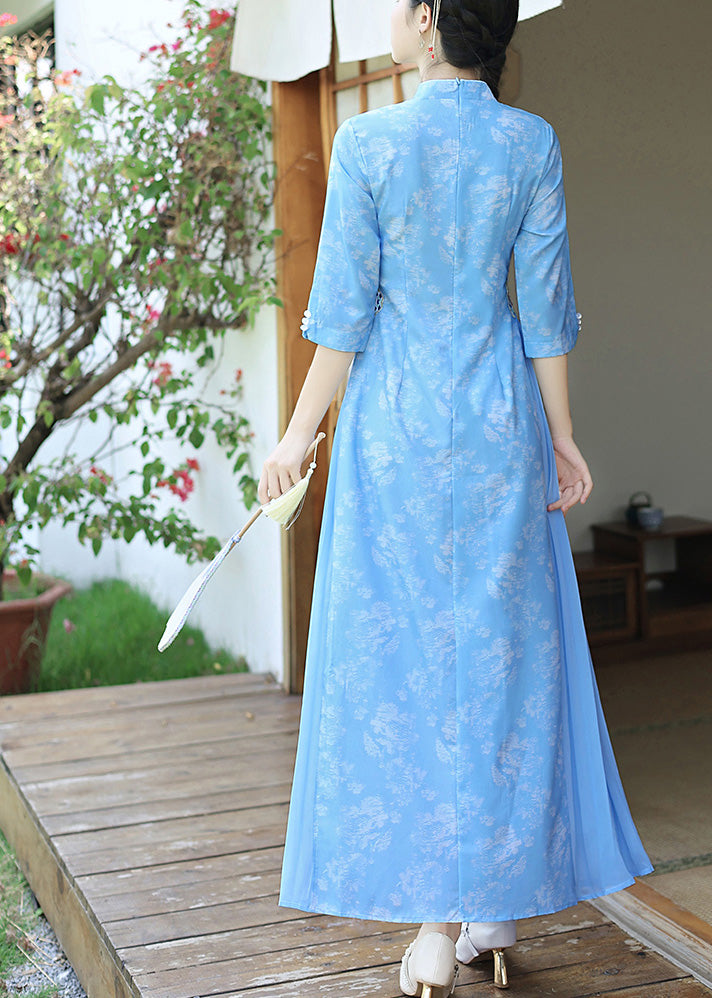 Elegant Baby Blue Stand Collar Button Long Dresses Long Sleeve