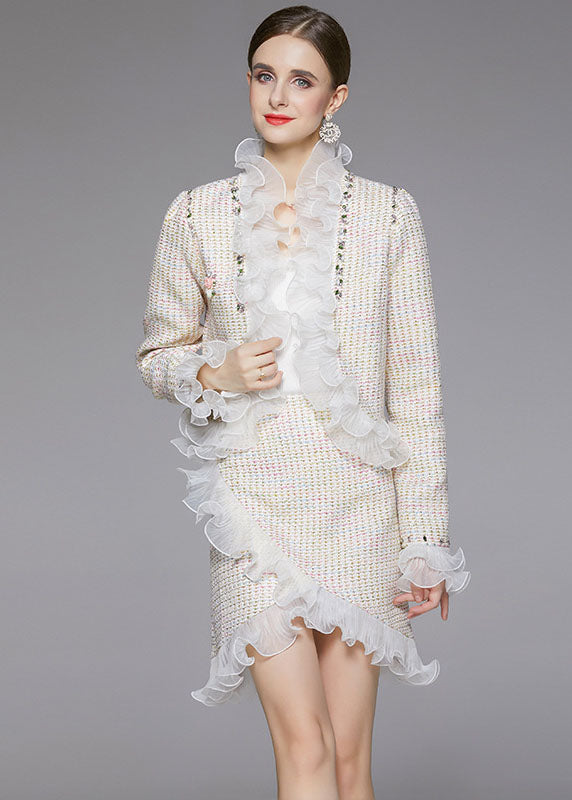 Elegant Beige Asymmetrical Patchwork Ruffles Woolen Two Piece Suit Set Fall