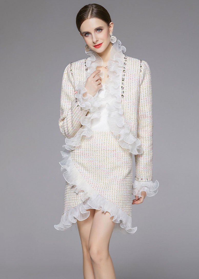 Elegant Beige Asymmetrical Patchwork Ruffles Woolen Two Piece Suit Set Fall