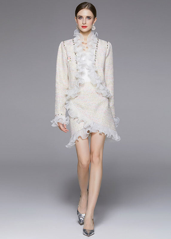 Elegant Beige Asymmetrical Patchwork Ruffles Woolen Two Piece Suit Set Fall