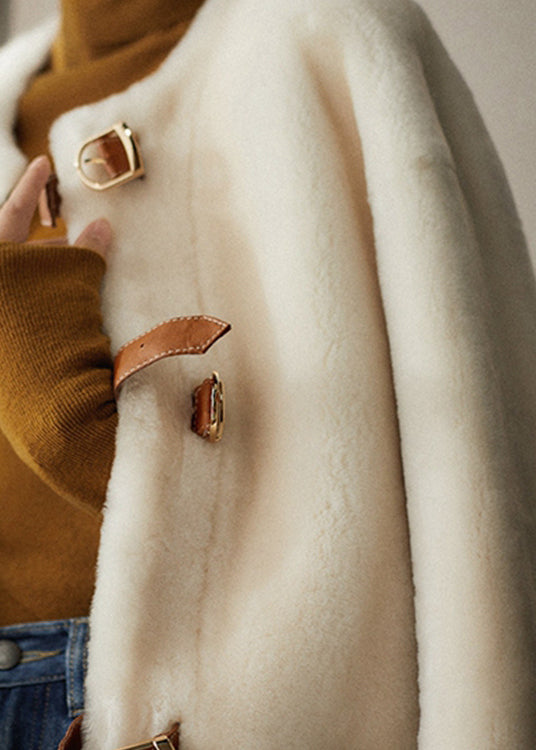 Elegant Beige O Neck Pockets Button Patchwork Wool Coats Winter