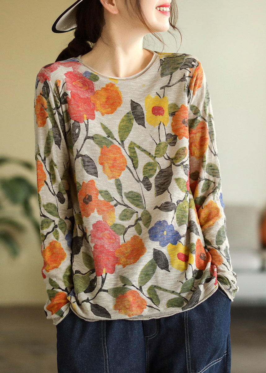 Elegant Indigo-Floral O-Neck Print Cotton Knitted Top Long Sleeve