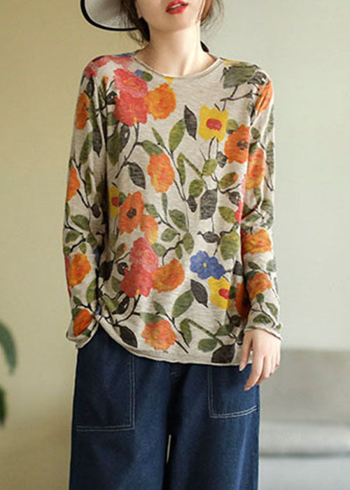 Elegant Indigo-Floral O-Neck Print Cotton Knitted Top Long Sleeve
