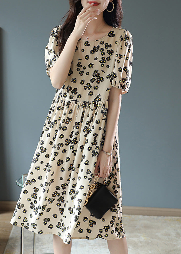 Elegant Beige Patchwork Wrinkled Silk Long Dress Short Sleeve
