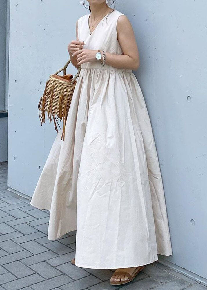 Elegant Beige V Neck Patchwork Cotton Holiday Dress Sleeveless