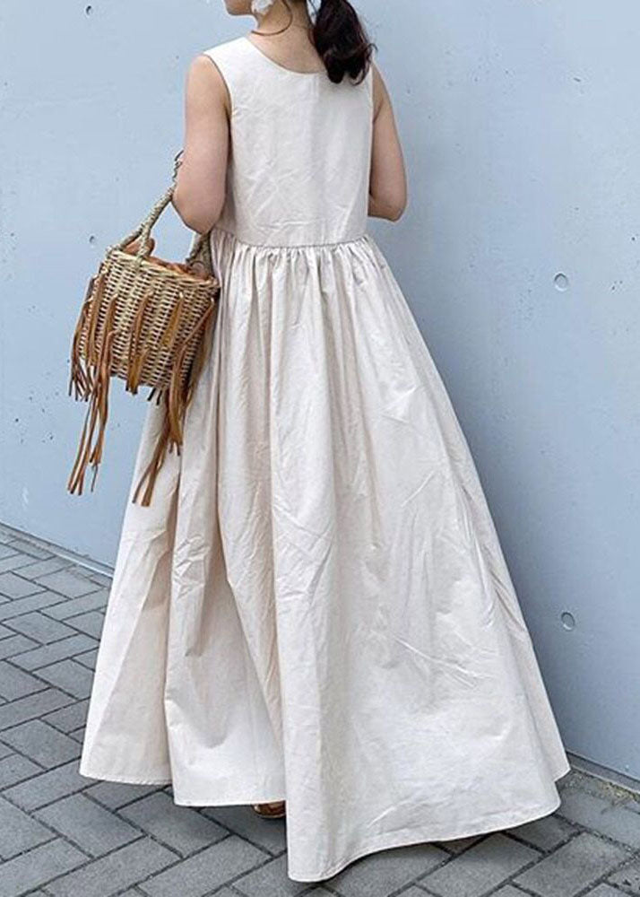 Elegant Beige V Neck Patchwork Cotton Holiday Dress Sleeveless
