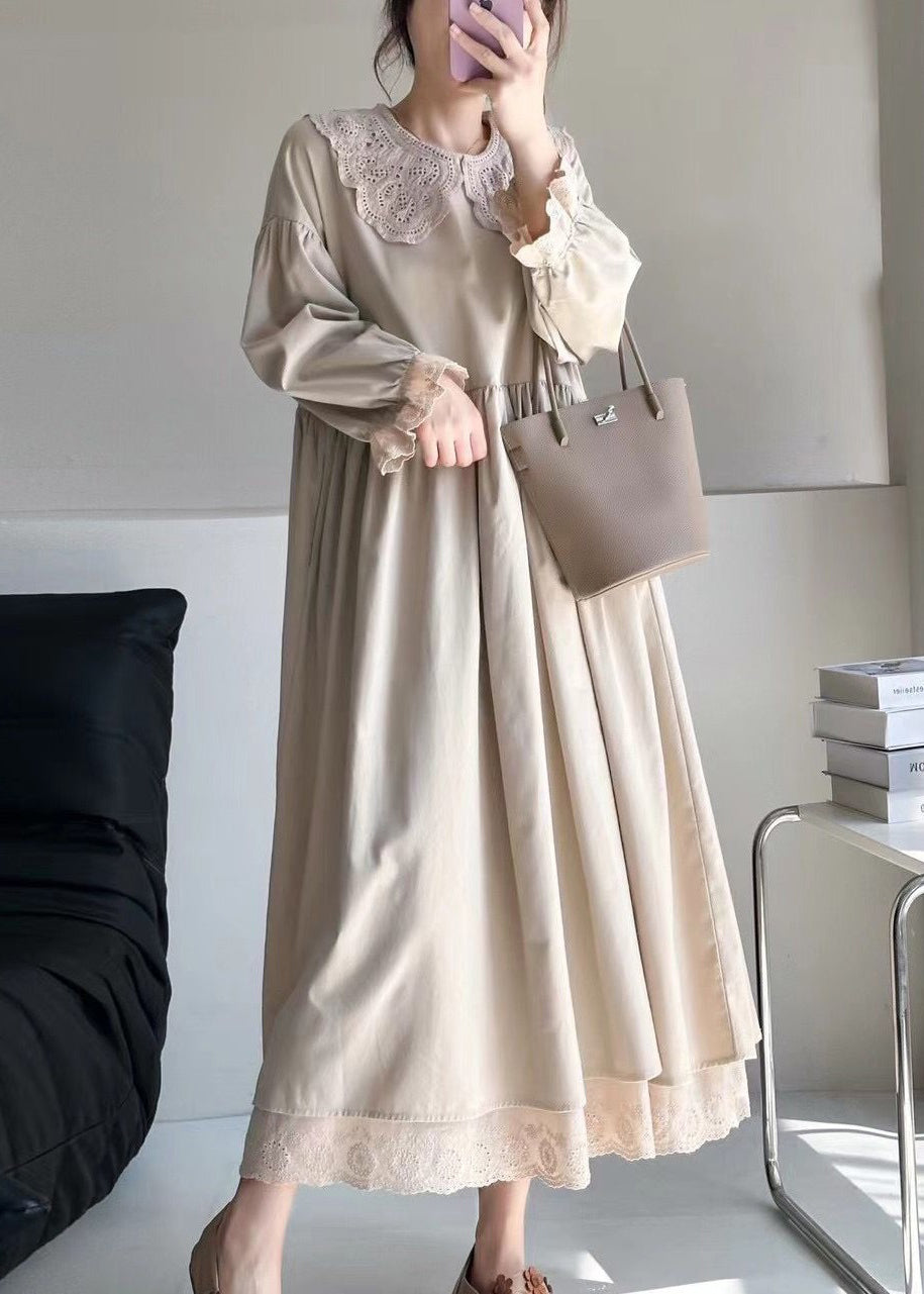 Elegant Beige Wrinkled Lace Patchwork Cotton Dress Spring