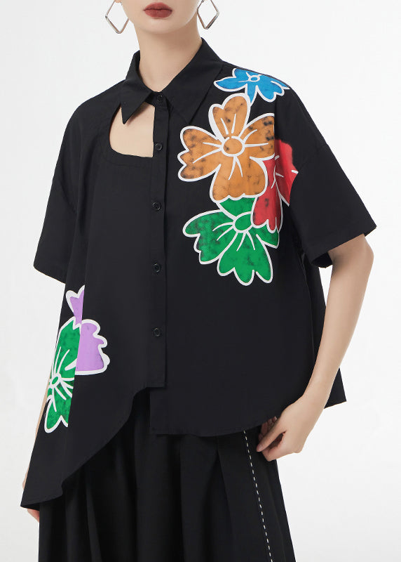 Elegant Black Asymmetrical Print Patchwork Cotton Shirts Short Sleeve