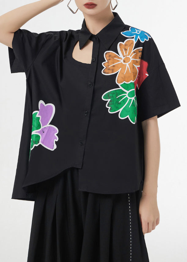 Elegant Black Asymmetrical Print Patchwork Cotton Shirts Short Sleeve