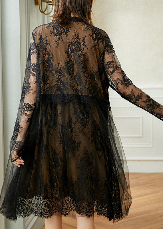 Elegant Black Button Wrinkled Tulle Patchwork Lace Dresses Spring