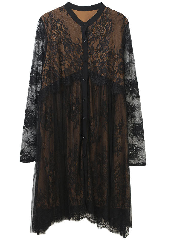 Elegant Black Button Wrinkled Tulle Patchwork Lace Dresses Spring