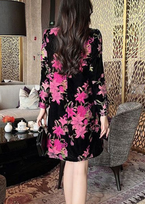 Elegant Black Chinese Button Print Silk Velour Mid Dress Long Sleeve