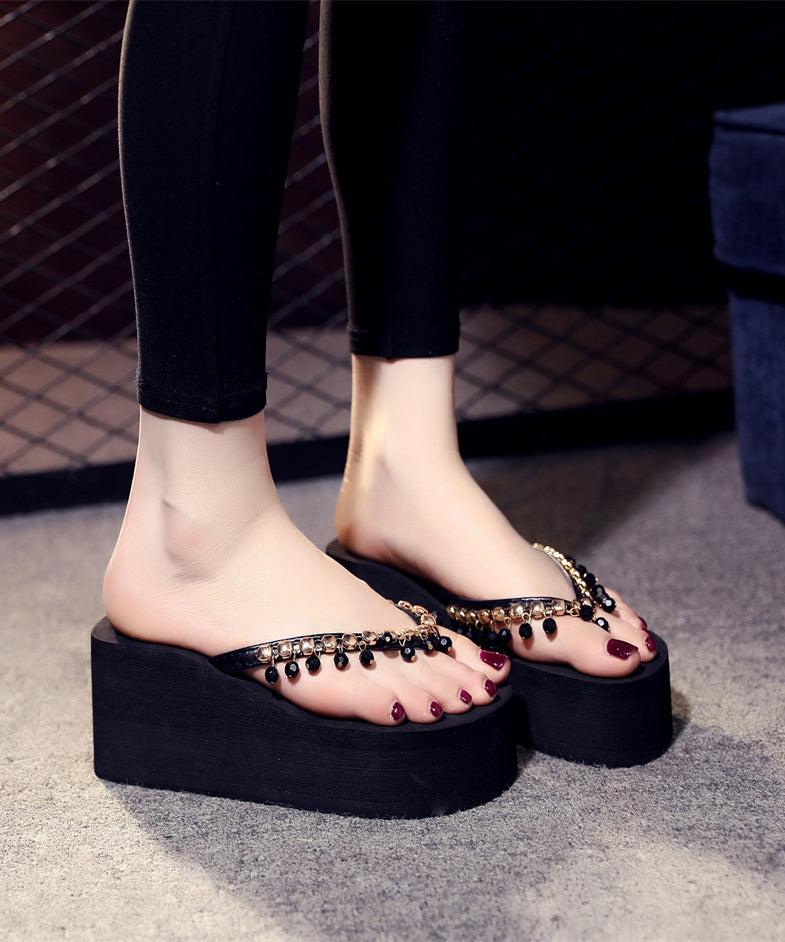 Elegant Black Diamond Platform Thong Sandals