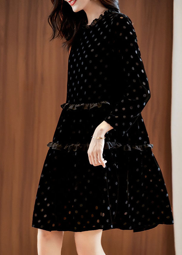 Elegant Black Dot Print Patchwork Velour Dress Spring