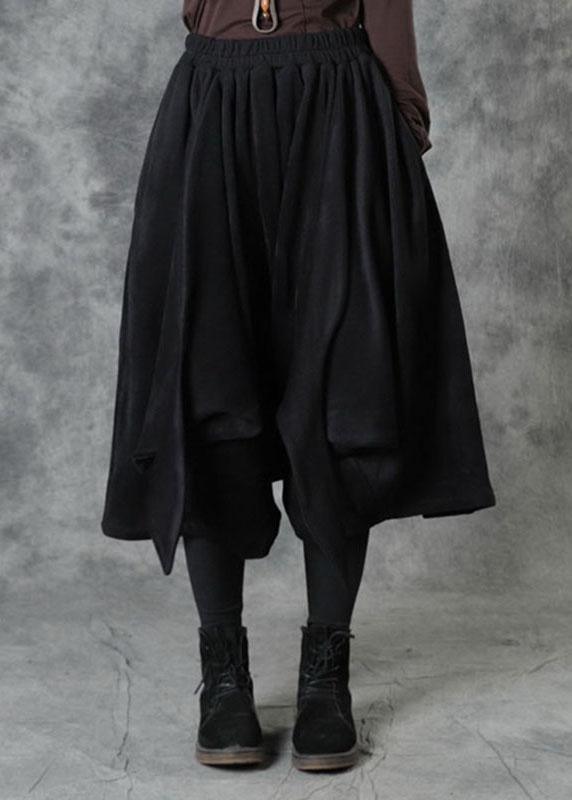 Elegant Black Elastic Waist Asymmetrical Design Fall Pants - Omychic