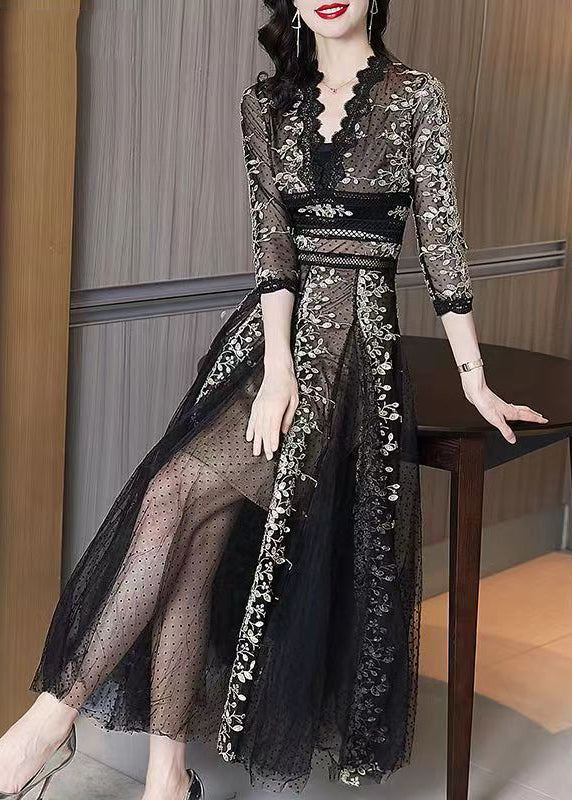 Elegant Black Embroidered Lace Patchwork Tulle Dresses Summer