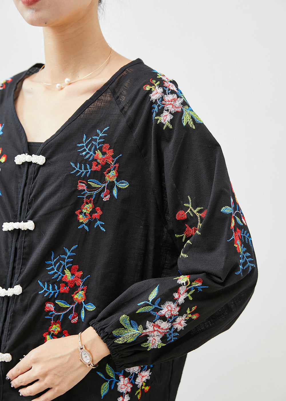 Elegant Black Embroideried Chinese Button Cotton Women Sets 2 Pieces Fall