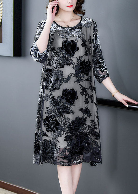 Elegant Black Grey Embroideried Patchwork Silk Dresses Summer