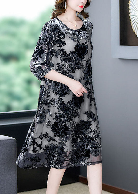 Elegant Black Grey Embroideried Patchwork Silk Dresses Summer