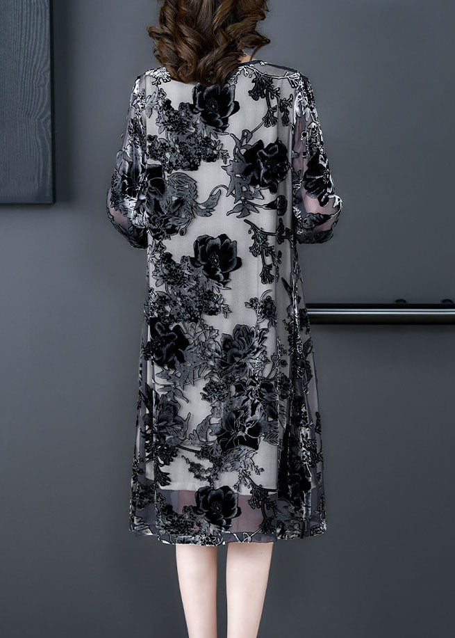 Elegant Black Grey Embroideried Patchwork Silk Dresses Summer