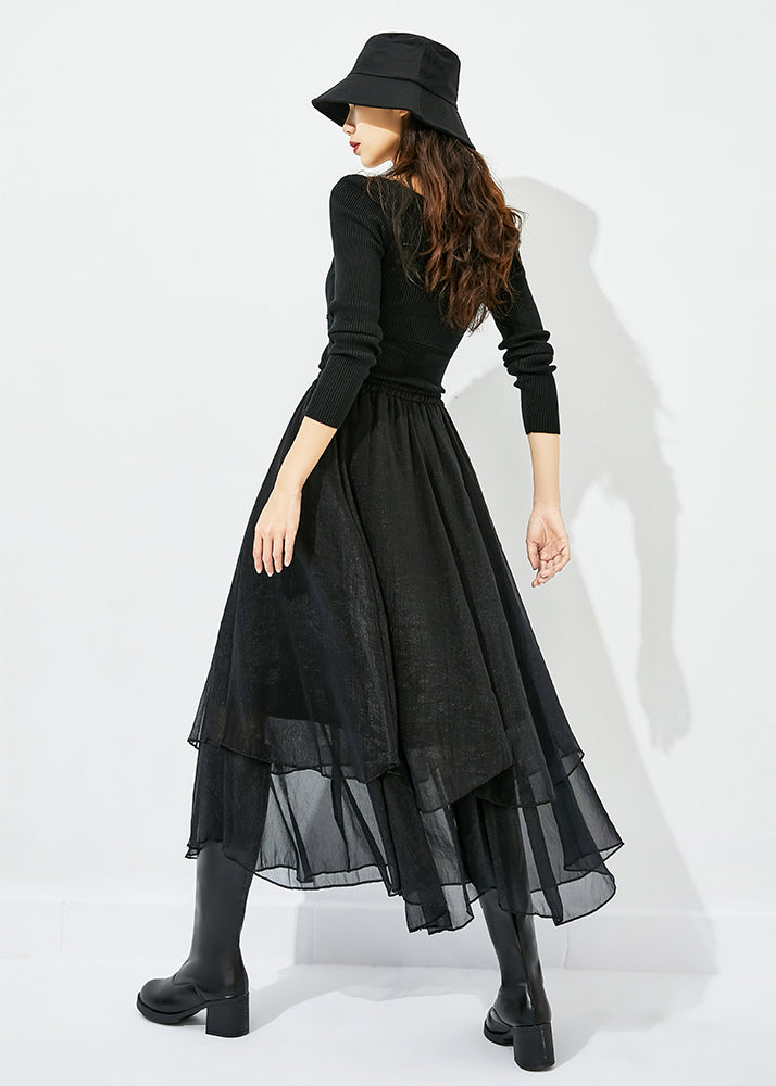 Elegant Black High Waist Layered Design Tulle Skirt Summer