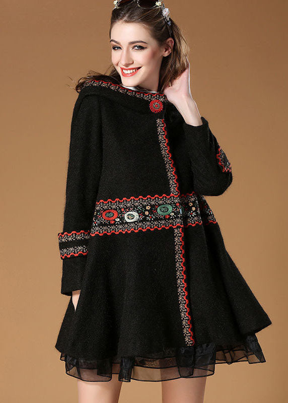 Elegant Black Hooded Embroideried Woolen Coat Winter