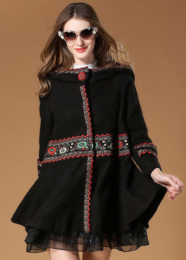 Elegant Black Hooded Embroideried Woolen Coat Winter