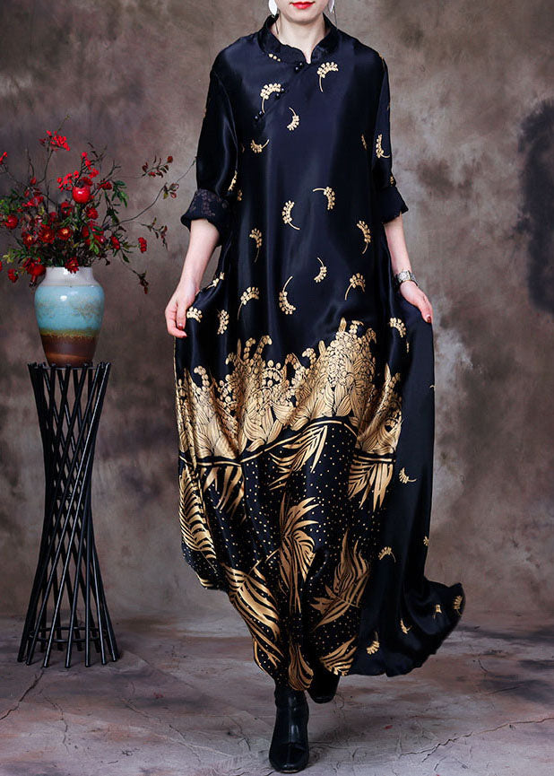 Elegant Black Mandarin Collar Print Silk Long Dress Gown Long Sleeve