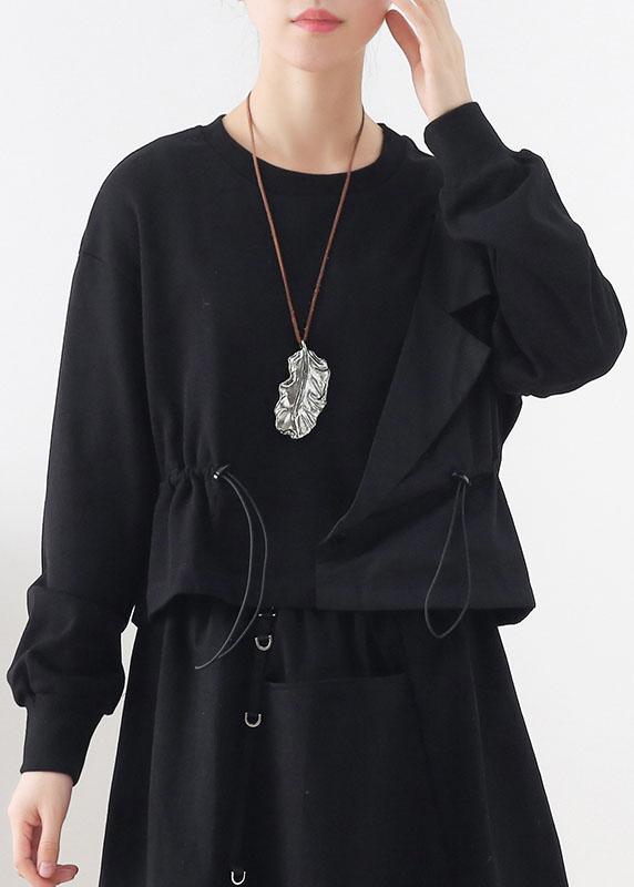 Elegant Black O-Neck Asymmetrical Design Cinched Sweatshirt Streetwear - Omychic