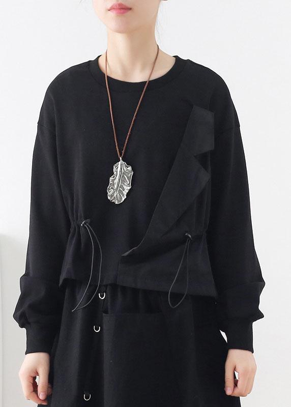 Elegant Black O-Neck Asymmetrical Design Cinched Sweatshirt Streetwear - Omychic