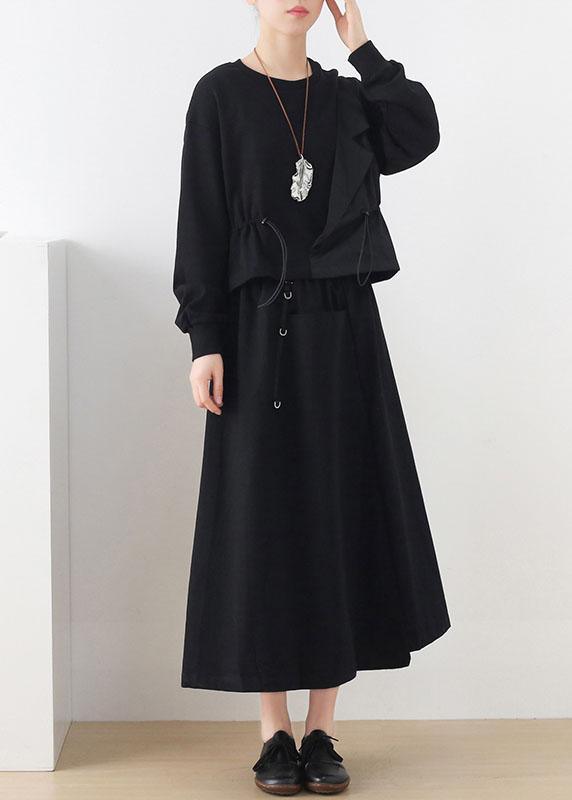 Elegant Black O-Neck Asymmetrical Design Cinched Sweatshirt Streetwear - Omychic