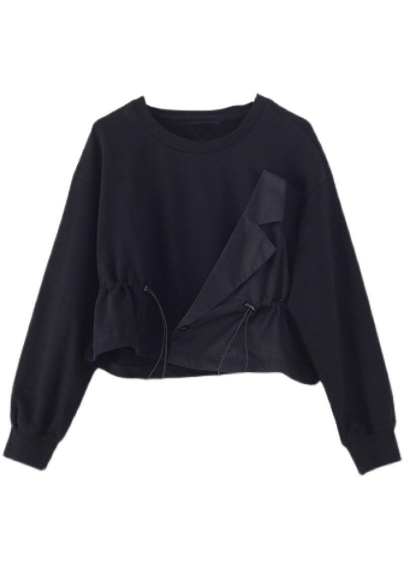 Elegant Black O-Neck Asymmetrical Design Cinched Sweatshirt Streetwear - Omychic