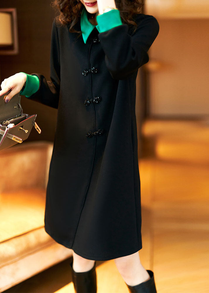 Elegant Black O-Neck Button Mid Dress Fall