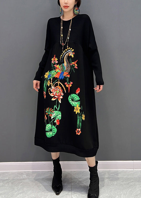Elegant Black O-Neck Embroideried Knit Maxi Dress Fall