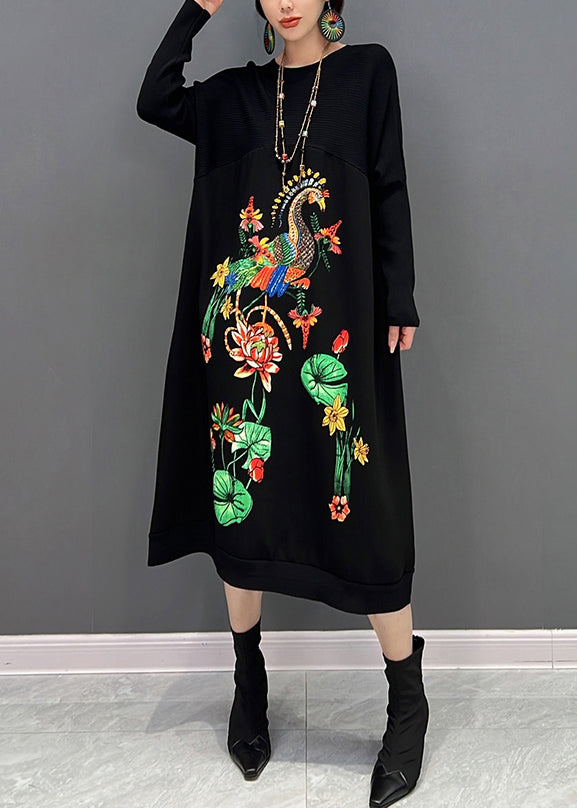 Elegant Black O-Neck Embroideried Knit Maxi Dress Fall