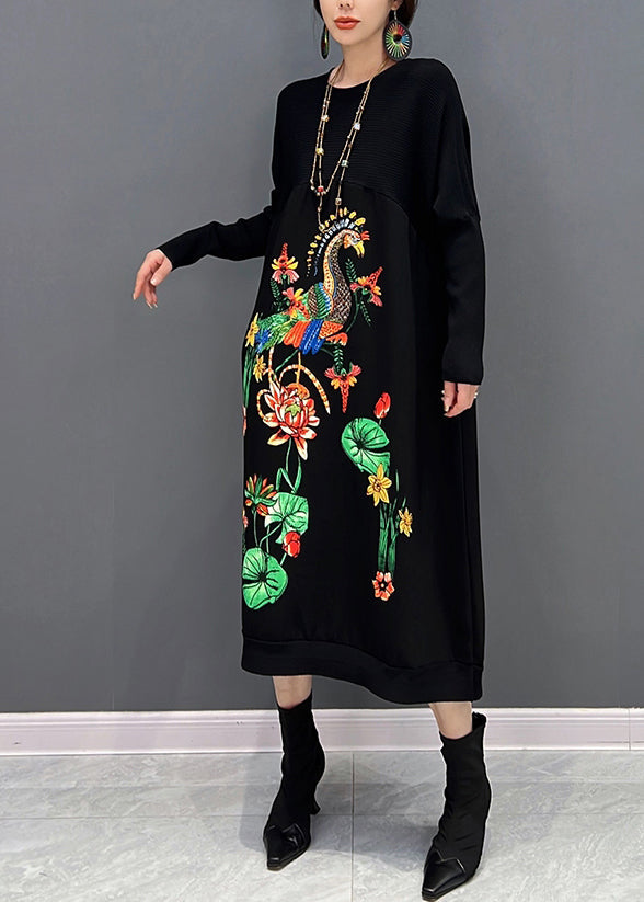 Elegant Black O-Neck Embroidered Knit Maxi Dress Fall