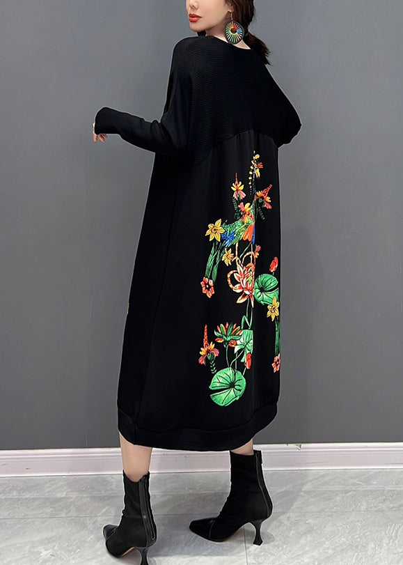 Elegant Black O-Neck Embroidered Knit Maxi Dress Fall