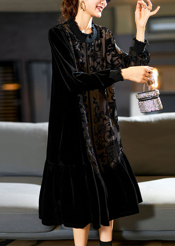 Elegant Black O-Neck Embroideried Patchwork Silk Velour Maxi Dress Long Sleeve