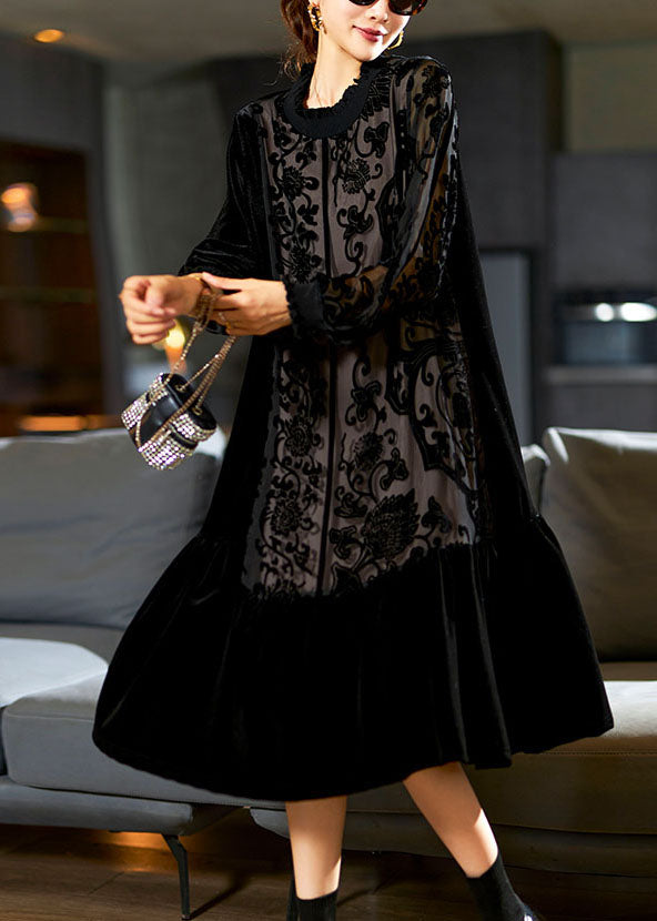 Elegant Black O-Neck Embroideried Patchwork Silk Velour Maxi Dress Long Sleeve