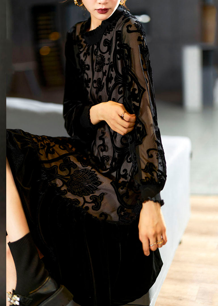 Elegant Black O-Neck Embroideried Patchwork Silk Velour Maxi Dress Long Sleeve