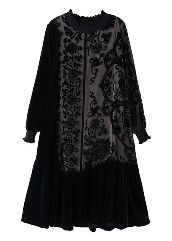 Elegant Black O-Neck Embroideried Patchwork Silk Velour Maxi Dress Long Sleeve