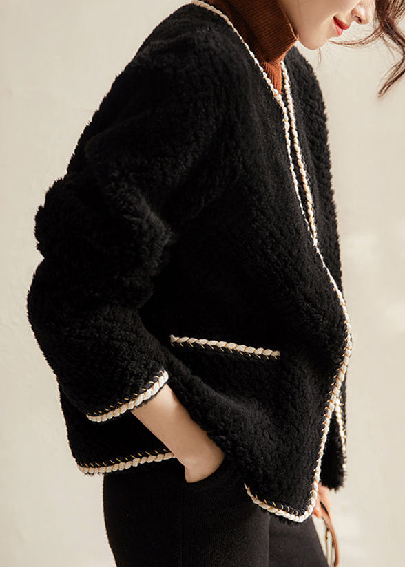 Elegant Black O Neck Pockets Patchwork Wool Coat Winter