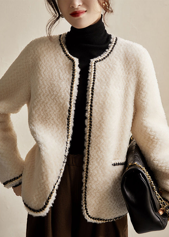 Elegant Black O Neck Pockets Patchwork Wool Coat Winter