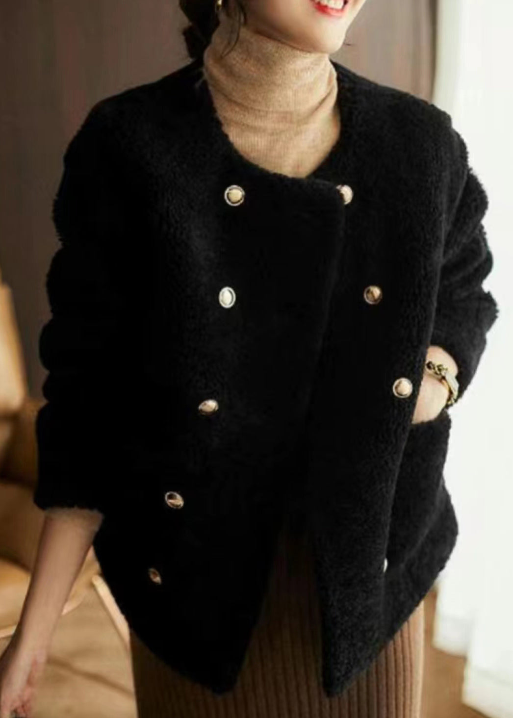 Elegant Black O Neck Pockets Patchwork Wool Coats Winter