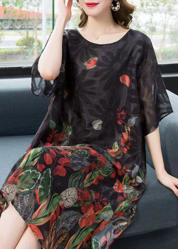 Elegant Black O Neck Print Patchwork Chiffon Mid Dress Summer