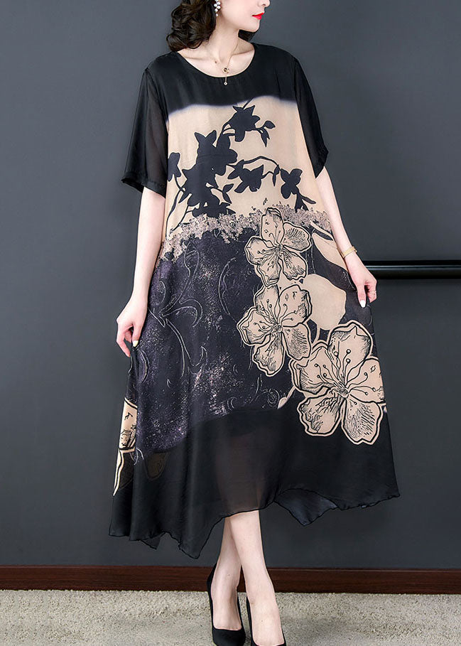 Elegant Black O Neck Print Patchwork Silk Long Dresses Summer